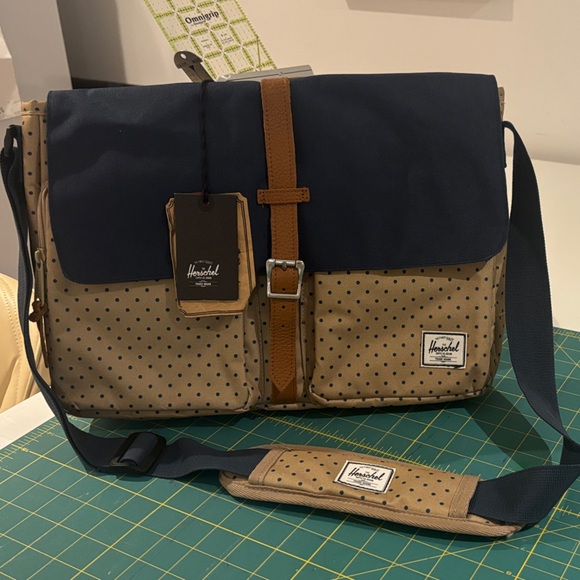 Herschel Supply Company Handbags - Herschel Supply Company Navy and Tan Polka Dot Messenger Bag with Brown Strap